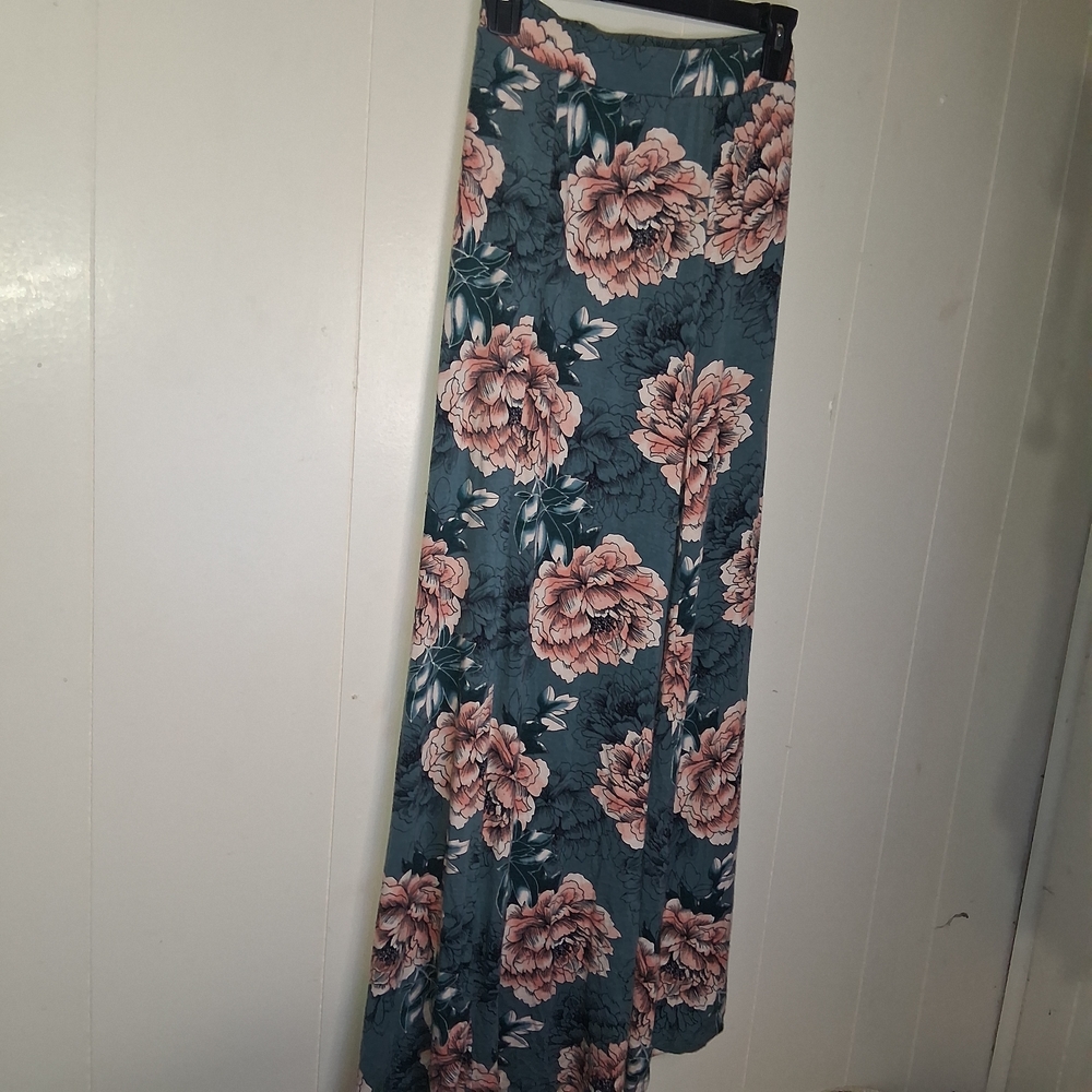 Floral Maxi Skirt in Teal with Blush Pink Blooms - Picture 4 of 4